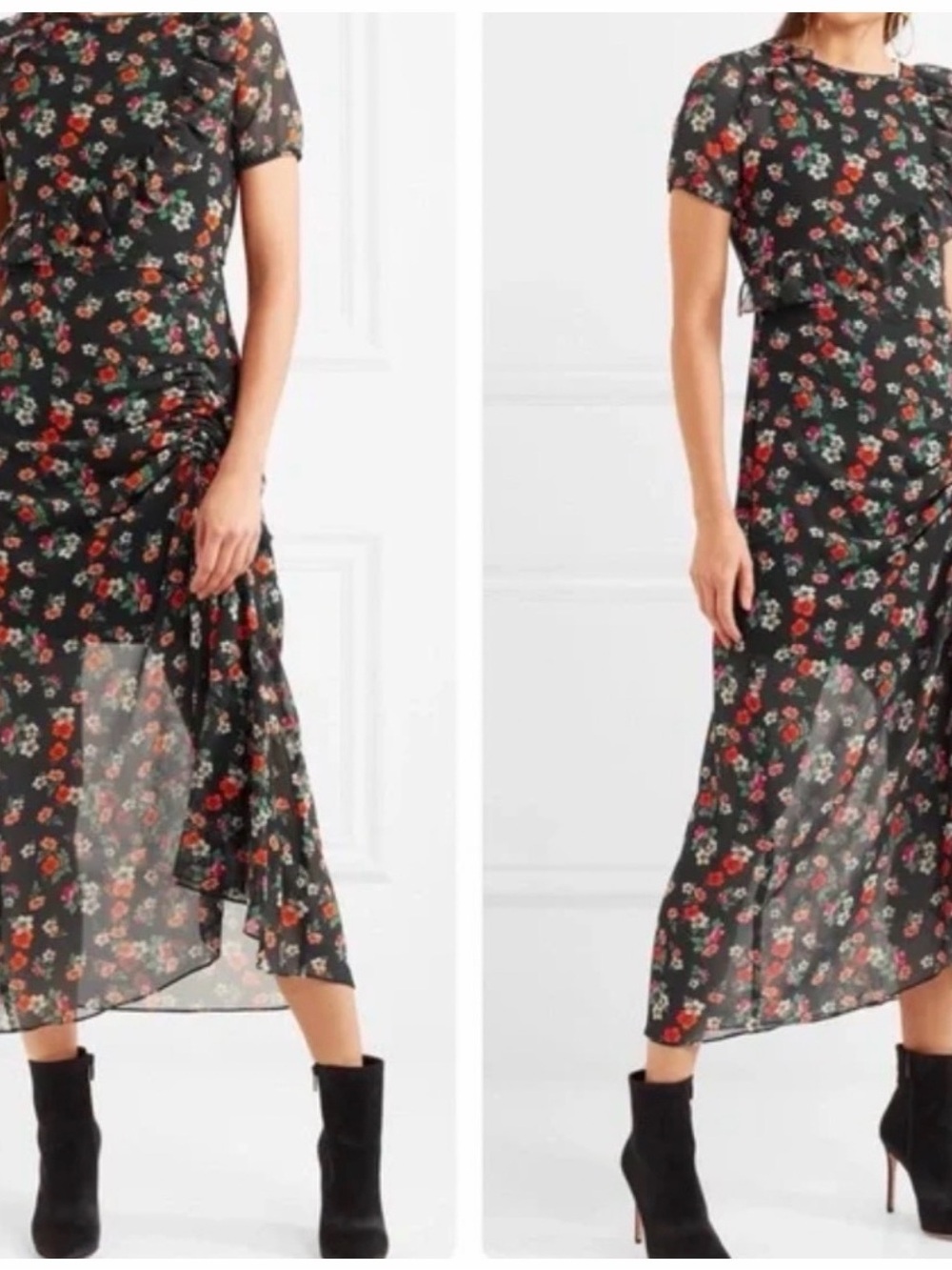 Maje M Rancho Floral Chiffon Ruched Ruffle Midi Dress Sz 2 , Medium - Picture 2 of 13